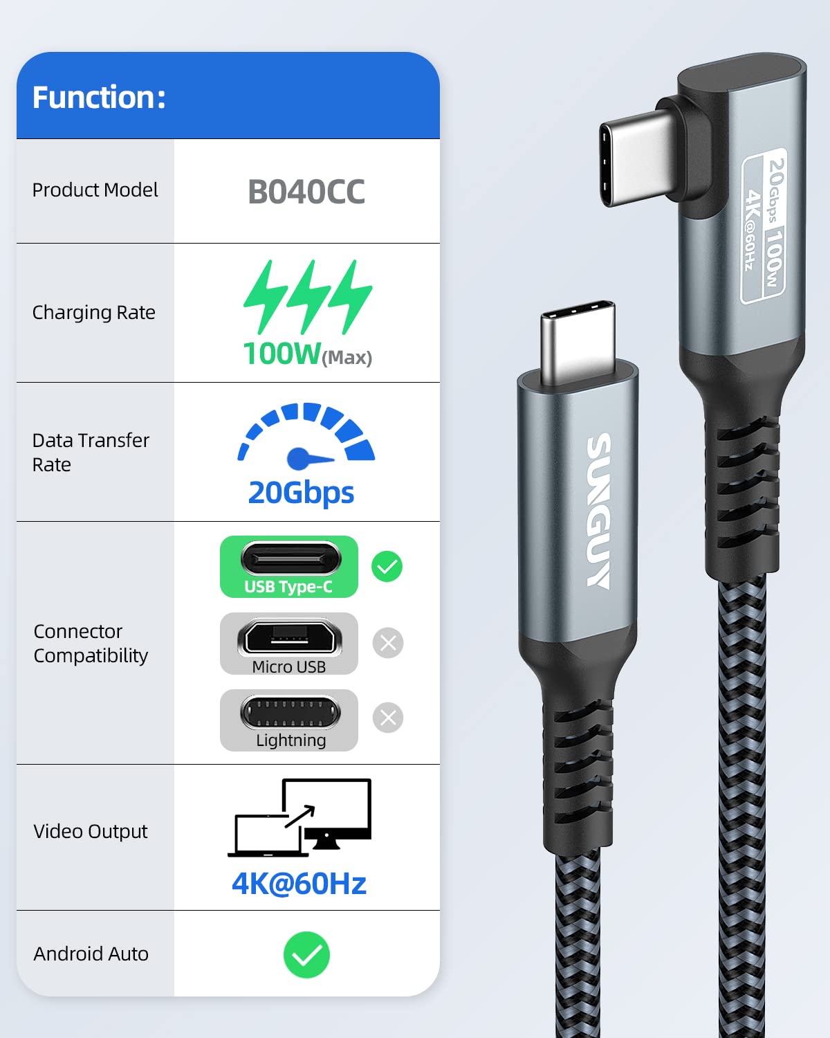 SUNGUY 90 Degree USB C to C Cable 1FT, 20Gbps Data Transfer, USB-C 4K Monitor Video Output Cable, Right Angle100W Fast Charging Compatible with MacBook Air/Pro, iPad Pro, Galaxy S23/S22