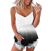 Spaghetti Strap Tank Top for Women Lace Patchwork Camisole Cute V Neck Cami Top Gradient Pleated Ruffle Tanks Tunic