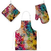 Kitchen Apron with Pockets, Oven Mitt and Pot Holder Set, Vintage Tie Dye Colorful Adjustable Cooking Apron, Microwave Glove, Potholder, 3 Piece