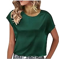 Women's Casual Crewneck Short Sleeve Satin Blouses Shirts Dressy Solid Business Tunic Tops Summer Loose Fit Tee Shirt