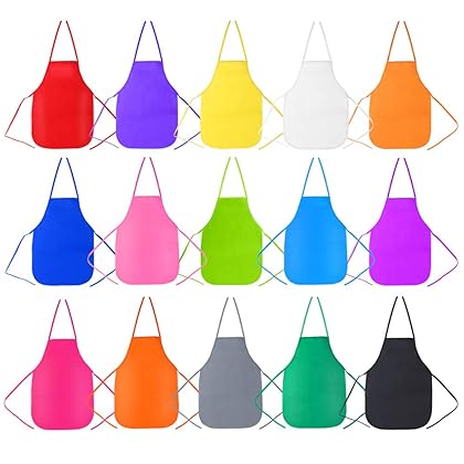 Caydo 15 Pieces Middle Size Kids Painting Apron for Ages 5 to 10, in Kitchen, Classroom, Community Event, Crafts and Art Painting Activity, 15 Colors
