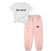 ARTMINE Girls' 2 Piece Outfits Casual Drawstring Jogger Pants and Basic Short Sleeve Top Set, 6-14 Years