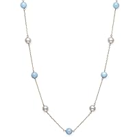 10K Yellow Gold Freshwater Pearl & Natural Aquamarine Station Necklace, 18