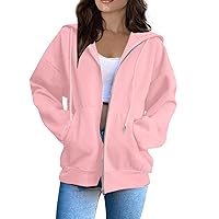 Fashion Hoodies,Vintage Zipper Oversized Loose Fit Hoodies Women Long Sleeve Solid Jackets Soft Outdoor Sweatshirt