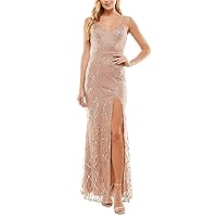 Womens Pink Zippered Sheer Front Slit Lined Spaghetti Strap V Neck Full-Length Prom Gown Dress Juniors 5