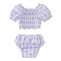 Girl Plaid Outfit Toddler Puff Sleeve Off Shoulder Ruched Crop Tops and Ruffle Stitching Shorts (Purple, 0-6 Months)