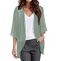 Kimono Cardigans for Women Dressy Solid 3/4 Sleeve Chiffon Open Front Lightweight Summer Cardigan Sheer Beach Cover Up