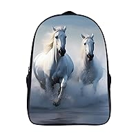 White Running Horse Print 16 Inch Backpack Adjustable Strap Daypack Laptop Double Shoulder Bag for Hiking Travel