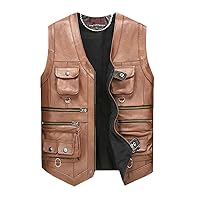 Men Genuine Leather Vest Brown Male Sleeveless Jacket Thick Motorcycle Multi Pocket Zipper Waistcoat