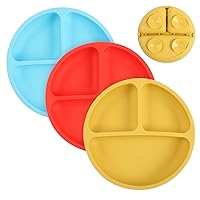 light-weight 100% Silicone Suction Toddler Plates Food-grade safe Divided Design PBA & PVC free Microwave and Dishwasher safe Baby Weaning 3 Pack (Bright Red, Blue, Yellow)