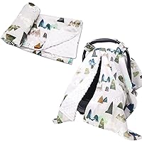 Peekaboo Opening Car Seat Cover & Minky Toddler Blanket for Boys Girls, Adventure Mountain Car seat Canopy Baby Blankets, Soft Fabric, Woodland
