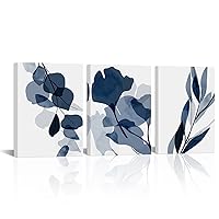 VANSEEING 3 Piece Navy Blue Flower Canvas Wall Art Blue Abstract Prints Modern Pictures Paintings Wall Decor Artwork for Living Room Bedroom Office Home Decor 12x16inchx3pcs