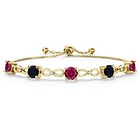 Gem Stone King 18K Yellow Gold Plated Red Created Ruby and Black Onyx and White Moissanite Tennis Bracelet For Women | 4.66 Cttw | Gemstone July Birthstone | Round 6MM | Fully Adjustable Up to 9 Inch