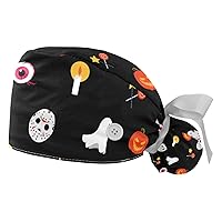 Adjustable Scrub Bouffant Cap 2 PCS Ghost Halloween Working Hat Hair Cover with Ponytail Pouch Soft Surgical Nurse Cap