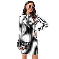 Women's Dress Dresses for Women Vertical Stripe Tie Neck Bodycon Dress Dresses for Women (Color : Black and White, Size : Large)