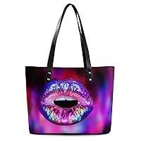 Womens Handbag Purple Glitter Lips Leather Tote Bag Top Handle Satchel Bags For Lady