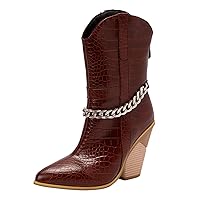 Women’s Pointed Toe Mid Calf Boots Chunky Block Heel Cowboy Boots Fashion Chain Back Zipper Cowgirl Ankle Boots 2022