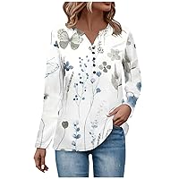 Tunic Tops Women's V Neck Button Long Sleeve Pleated T-Shirt Fashion Tops Tunic Button Up Women's Business Cotton