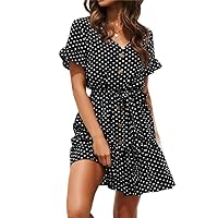 Womens A-Line Dresses Pleated Polka Dot Loose Swing Casual Above Knee Wrap Dress Plus Size