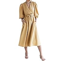 Women's Casual Short Puff Sleeve Ruffled Wrap Linen Dress