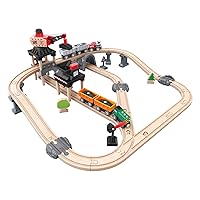Hape Crane and Cargo Train Set | Wooden Railway Toy Set with Magnetic Crane, Button Operated Loader and Adjustable Rail Signal Multicolor, 19.69