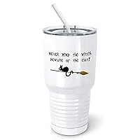 Beware Of The Cat - Funny Witch Halloween Tumbler with Spill-Resistant Slider Lid and Silicone Straw (30 oz Tumbler, White)