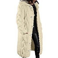 Long Chunky Cardigans for Women Casual Comfy Knit Sweater Coat Fashion Long Sleeve Hood Outwear with Elbow Patches