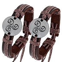 Vintage Adjustable Cowhide Leather Viking Triskele Rune Bracelets, 2pcs Nordic Triple Spiral Triskelion Talisman Symbolic Cuff Bangle Wristband, Vikings Celtic Amulet Jewelry for Boys Girls Women Men