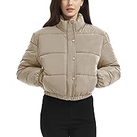 Flygo Women's Cropped Puffer Jacket - Full Zip Padding Warm Quilted Jackets Winter Coats(Khaki-S)