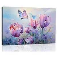 Floral Wall Art Decor Purple Blooming Flower Pictures Prints on Canvas for Living Room Abstract Painting Decor for Bedroom Bathroom Butterfly Artwork for Home Office Kitchen Decoration, Ready to