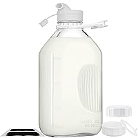 2 Qt Glass Milk Bottle with Reusable Strong Airtight SCREW LID, 64 Oz Glass Juice Bottles for Almond Milk, Oat Milk - 0.5 Gal Glass Water Bottle with 2 Exact Scale Lines, Extra Handle AND Cap！