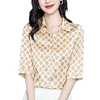 Real Silk Women's Satin Shirt - Office Lady Plaid Printed Blouse with Half Sleeves