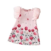 Toddler Girl Dress Bubble Sleeves Sweet Rose Print Sleeveless Princess Dress Summer Dress Birthday Trim Fit Tights