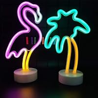 ENUOLI LED Flamingo and Coconut Palm Tree Neon Signs LED Battery/USB Powered Neon Light with Holder Base Decoration Neon Light for Bedroom Home Wedding Christmas Birthday Holiday Bar Party Decoration