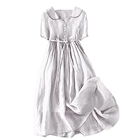 Sun Dress for Women 2024 Summer Casual Flowy Floral Short Sleeve Doll Collar Midi Dress Button Drawstring Beach Long Dresses