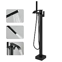 Tub Filler Freestanding Bathtub Faucet Matte Black Floor Mount Tub Faucet Waterfall Free Standing Bathtub Filler High Flow Brass Bath Shower Faucets with Handheld Sprayer