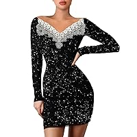 Women Fashion V-Neck Long Sleeve Surplice Wrap Ruched Sequins Bodycon Dress