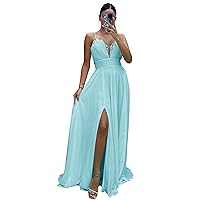 Tsbridal Glitter Beads Prom Dresses for Women Chiffon Long Tulle Spaghetti Strap V-Neck Formal Evening Dress for Teens