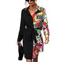 Dresses for Women 2023 Easter Dress for Women Geo Print Belted Shirt Dress (Color : Multicolor, Size : X-Large)