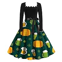 Women's Cute Clover Print Casual Fashion Square Neck Long Sleeve St. Patrick's Day Printed Vintage Dresses, S-2XL