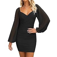 ZESICA Women's Sexy V Neck Ruched Bodycon Mini Dress Puff Long Sleeve Cocktail Wedding Party Short Dresses