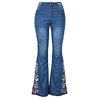 Andongnywell Women's Floral Embroidered Mid Rise Flare Denim Pants Embroidery Bell Bottom Jeans Trousers