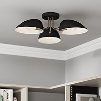 Nathan James Argo Semi Mount Flush Ceiling Light, 3-Lights Modern Retro Lighting with Black Rounded Shades for Hallway, Dining Room and Bedroom, Brass Gold/Black