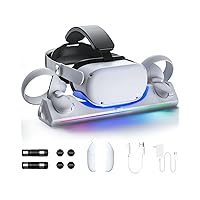SAQICO Charging Dock for Oculus Meta Quest 2 with Color RGB Light, Magnetic Charger Station Both for Headset & Controllers - VR Accessories Stand with Rechargeable Battery (2100mAh*2) and AC Adapter