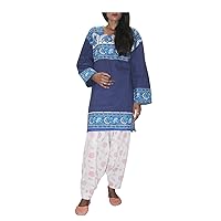 Women's Elephant Print Long Top Kurti Blue Color Indian Girl's Long Sleeve Cotton Tunic Plus Size