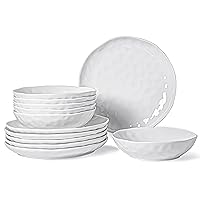 White Dinnerware Set 12 Piece Service for 6, Porcelain Dinnerware Sets, Over Size Plates Sets for Dessert Salad and Pasta, Dishes Set