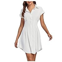 XJYIOEWT Athletic Dress,Women's Pleated Waist Button Down Short Sleeve Mini Short Shirt Dress Frame Dress