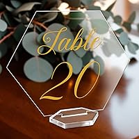 OurWarm Large Acrylic Wedding Table Numbers 1-20, Elegant Gold Printed Calligraphy Place Cards with Stand, Hexagon Multi-functional Clear Acrylic Sign and Holder, Ideal for Wedding Reception Events