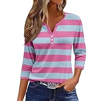 Women's Tops 3/4 Sleeve Clashing Stripes Ripple Prints Herry Neck Summer Tops T Shirts Loose Fit V Neck Plus Size Dressy