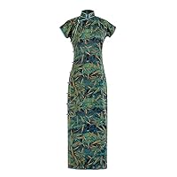 Women Qipao Mulberry Silk Bamboo Pattern Printed Mock Collar Connect Shoulder Sleeve Green Midi Dress 3627